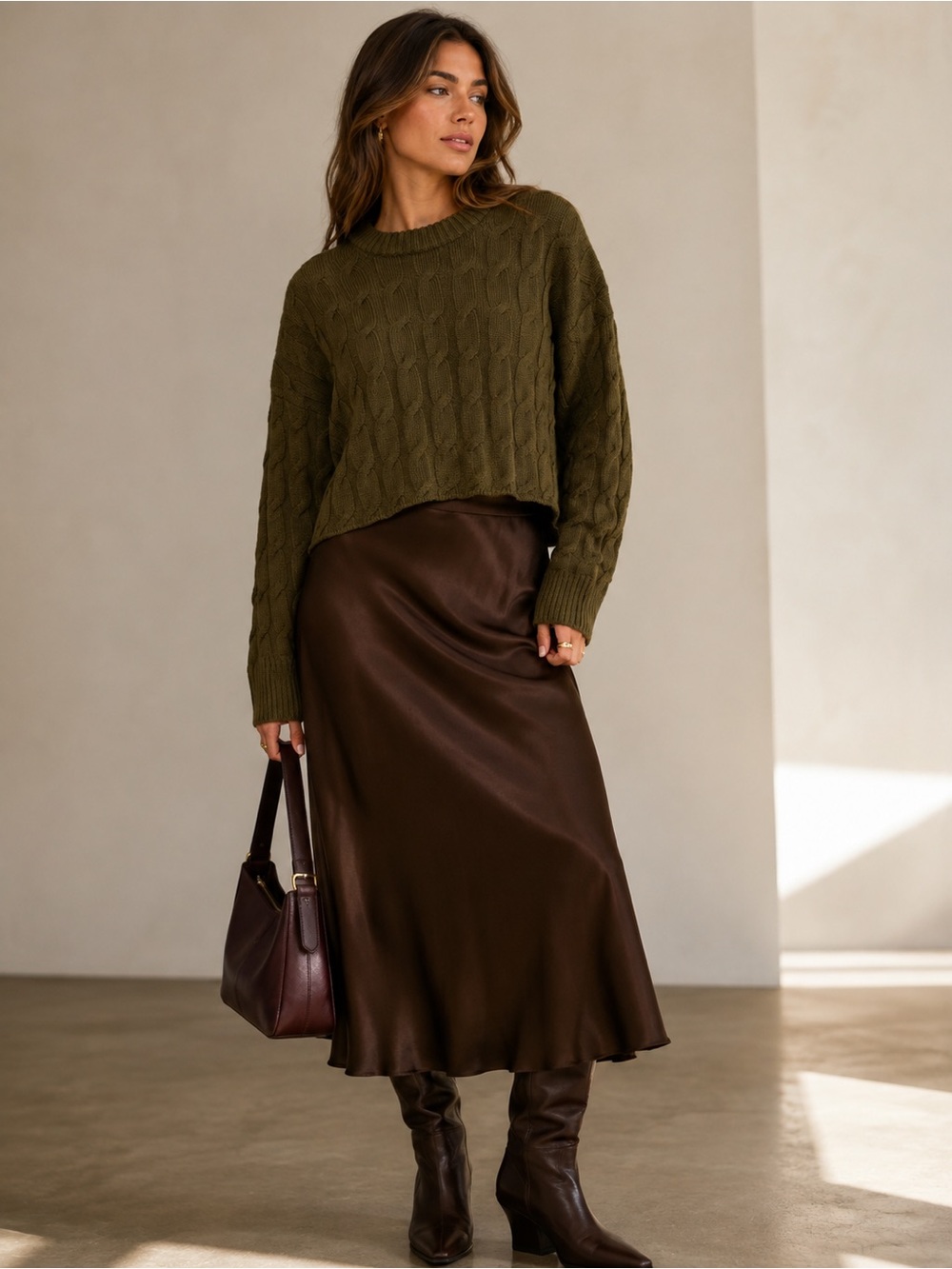 Aritzia Babaton Glory Merino Wool Cable Knit Cropped Sweater Olive M NWOT